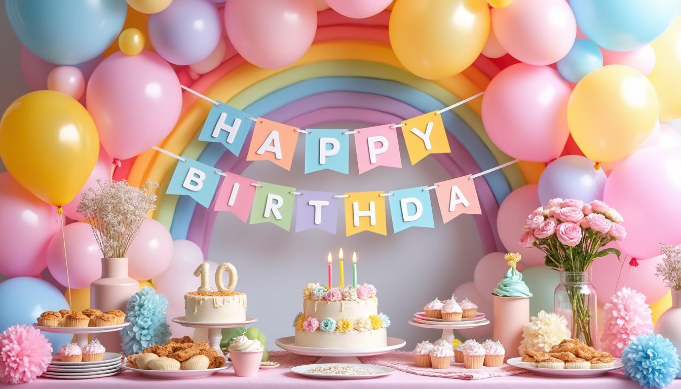 découvrez les accessoires essentiels pour une fête d'enfants réussie sur le thème arc-en-ciel pastel : décorations, vaisselle et jeux colorés pour un anniversaire mémorable.