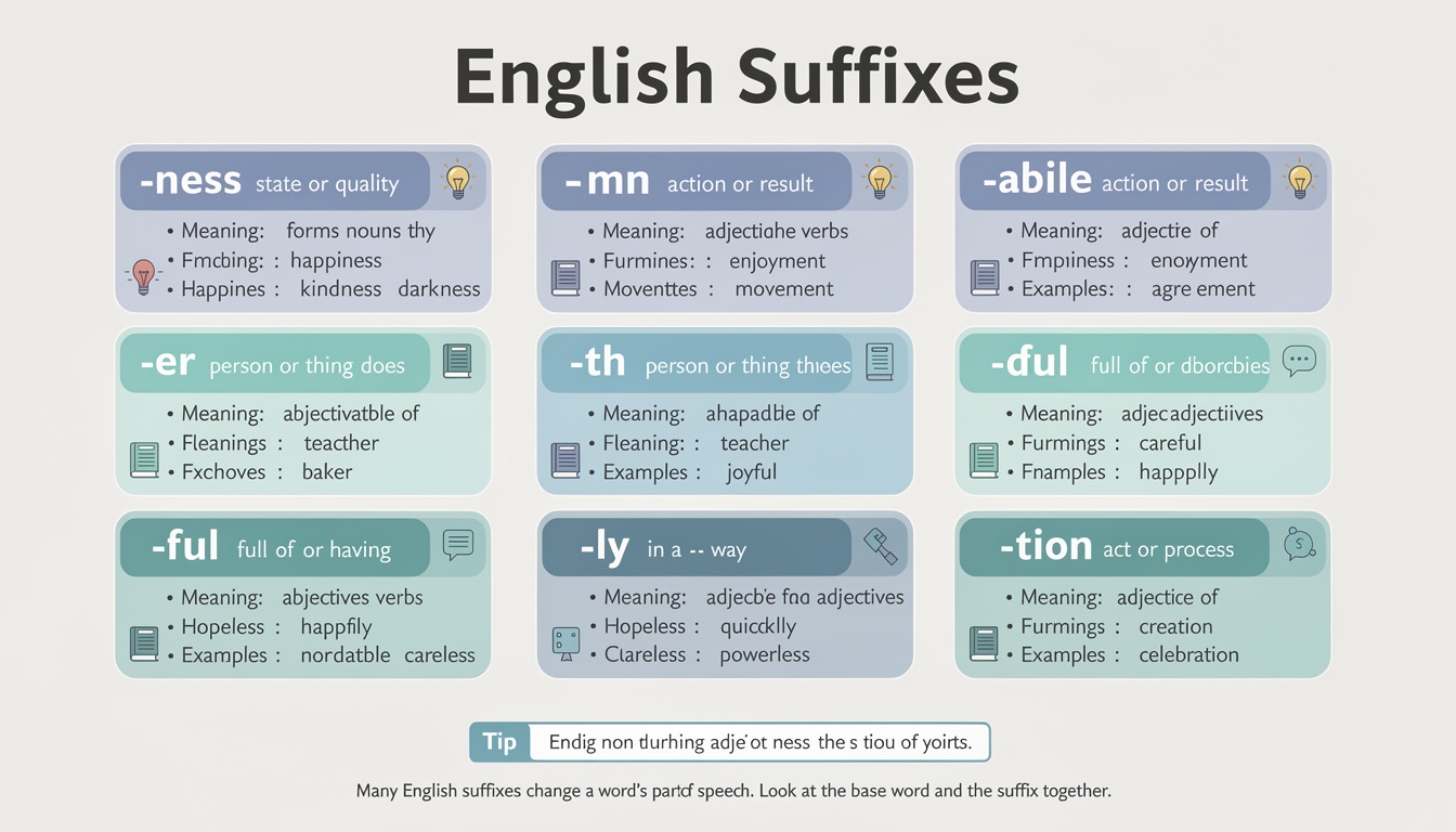 découvrez le tableau des suffixes en anglais, un outil essentiel pour maîtriser la formation des mots et enrichir votre vocabulaire rapidement et efficacement.