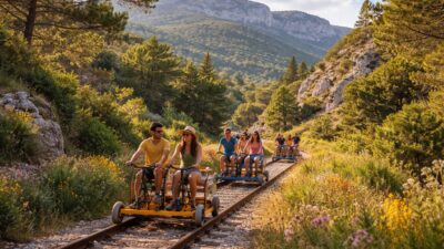 découvrez un voyage visuel inoubliable avec les photos de vélorail de la sainte-baume dans le var, alliant aventure et paysages naturels exceptionnels.