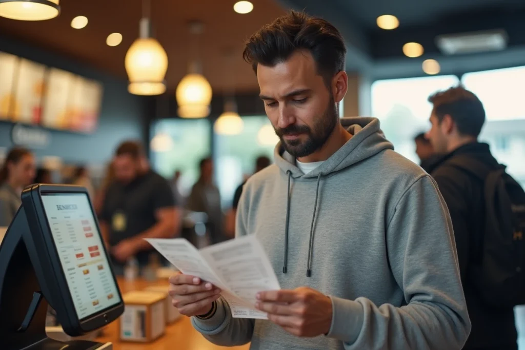 Père consultant son budget au comptoir McDonald's avant de commander des Happy Meals