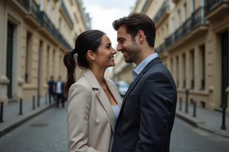Couple élégant et discret dans une rue parisienne, évoquant la vie privée d'Amandine Atalaya et de son mari