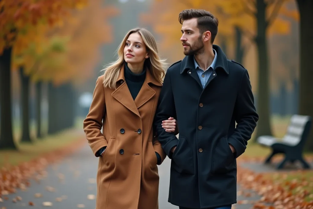 Couple se promenant discrètement dans un parc en automne, symbole de vie privée et de complicité