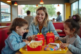 Mère et enfants partageant un Happy Meal McDonald's dans un restaurant familial moderne