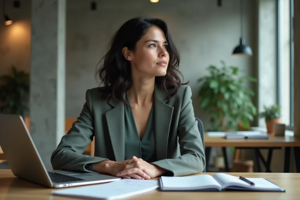 Femme professionnelle et ambitieuse dans un bureau moderne, illustrant la carrière d'Amandine Atalaya