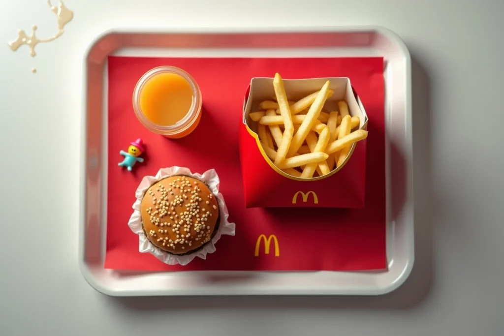 Vue aérienne d'un Happy Meal McDonald's avec burger, frites, boisson et jouet sur plateau
