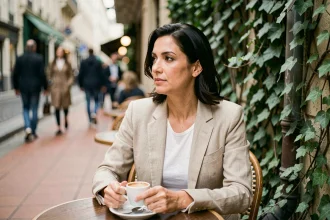 Actrice française dans un café parisien préservant son intimité loin des médias