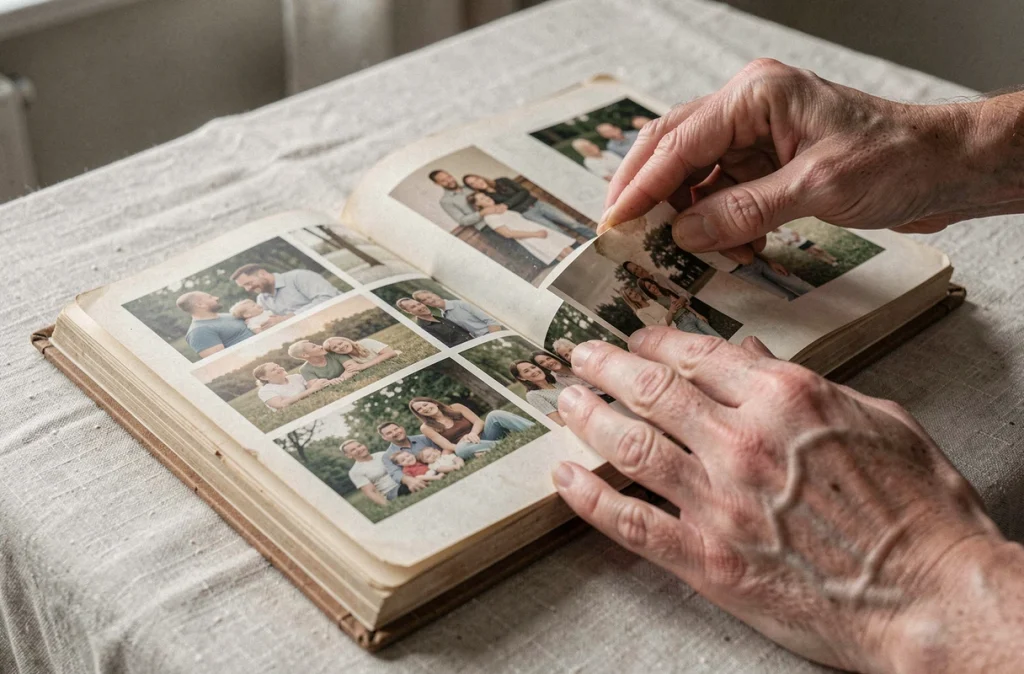 Album photo de famille ouvert sur une table, avec des photos de différentes époques et des mains adultes qui le feuillettent