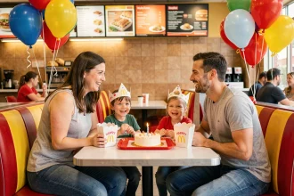 Famille célébrant un anniversaire McDonald's en restaurant avec ballons, couronnes en papier et gâteau d'anniversaire sur un plateau