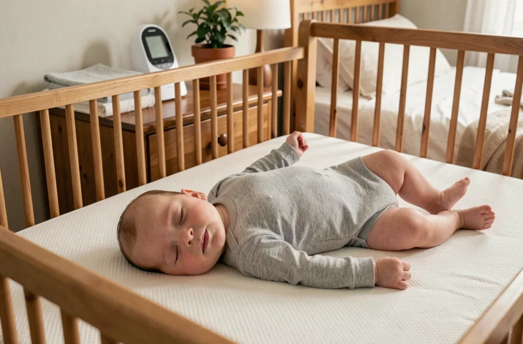 Bébé de trois mois dormant paisiblement sur le dos sur un matelas ferme bien ajusté dans un lit à barreaux en bois dans une chambre familiale chaleureuse