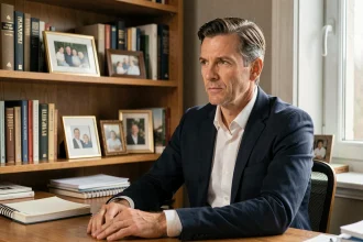 Bruno Jeudy journaliste assis dans un bureau à domicile entouré de livres et de photos de famille, regard pensif et discret