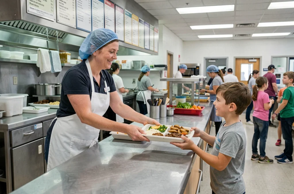 Employée de cantine servant un repas à un élève dans une cafétéria scolaire en France
