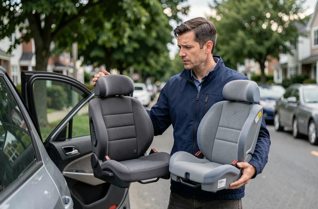 Père comparant deux modèles de sièges auto devant sa voiture dans une rue résidentielle