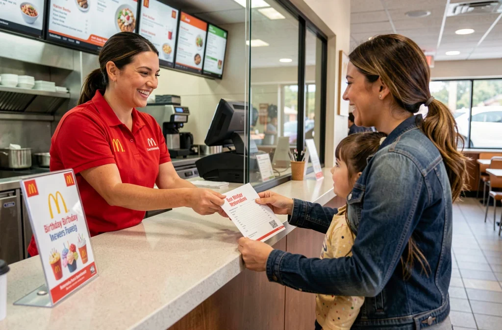 Employée McDonald's remettant une confirmation de réservation d'anniversaire en restaurant à une mère et sa fille au comptoir