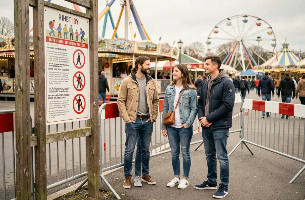 Famille lisant les consignes de sécurité avant de monter sur une attraction du Parc La Panne en Belgique