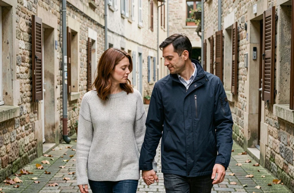 Couple discret se promenant dans une ruelle française préservant leur relation loin des caméras
