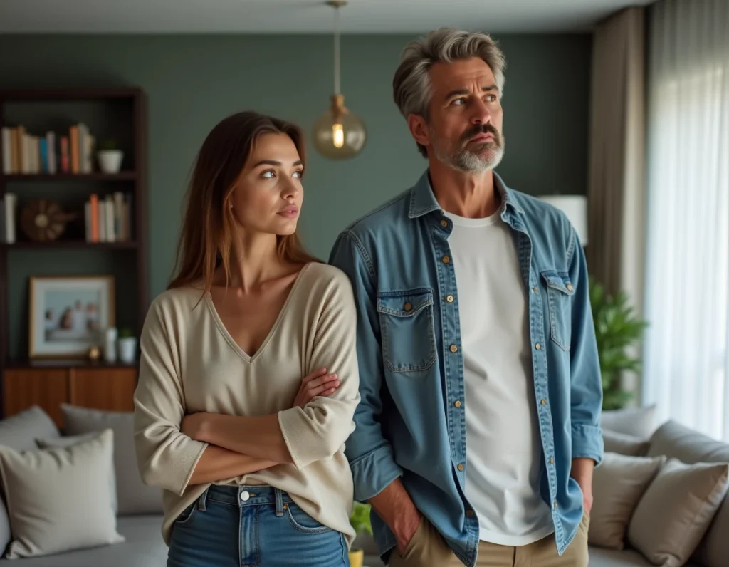 Couple marié en tension dans leur salon, illustrant la crise conjugale et les difficultés relationnelles au sein du mariage
