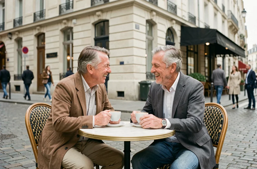 Couple de quinquagénaires riant ensemble en terrasse d'un bistro parisien, ambiance quotidienne complice
