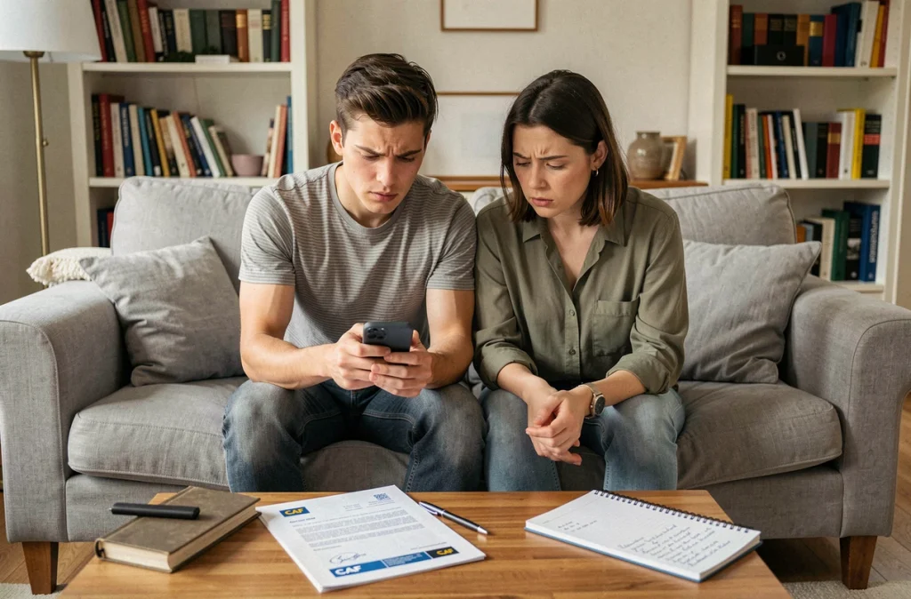 Couple vérifiant le statut de leur dossier CAF sur smartphone en attendant le versement des allocations familiales