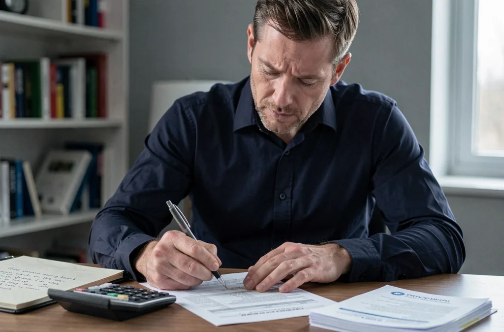 Père de famille remplissant sa déclaration d'impôts à domicile avec les justificatifs de frais de cantine scolaire