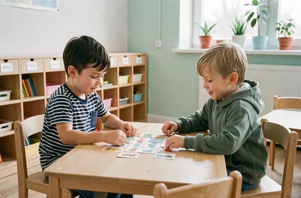 Deux enfants de 4 ans jouant à un jeu de mémoire avec des cartes animaux dans une salle de classe maternelle