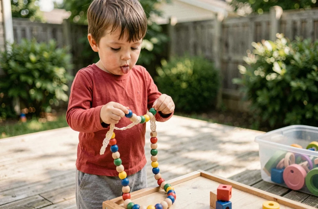 Enfant de 4 ans enfilant des perles colorées en bois sur une terrasse extérieure, activité de motricité fine préprimaire