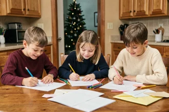 Trois enfants de fratrie assis ensemble à une table en bois écrivant leur lettre au Père Noël avec des crayons colorés dans une cuisine familiale chaleureuse