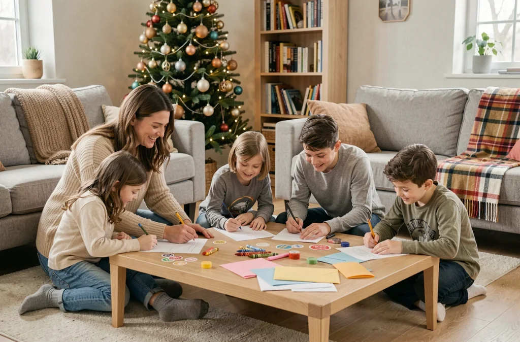 Famille recomposée avec parents et enfants d'âges différents réunis au sol du salon pour écrire ensemble des lettres au Père Noël entourés de décorations de Noël