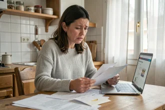 Femme consultant des documents CAF à la maison avec une expression inquiète face à un retard de paiement d'allocations familiales
