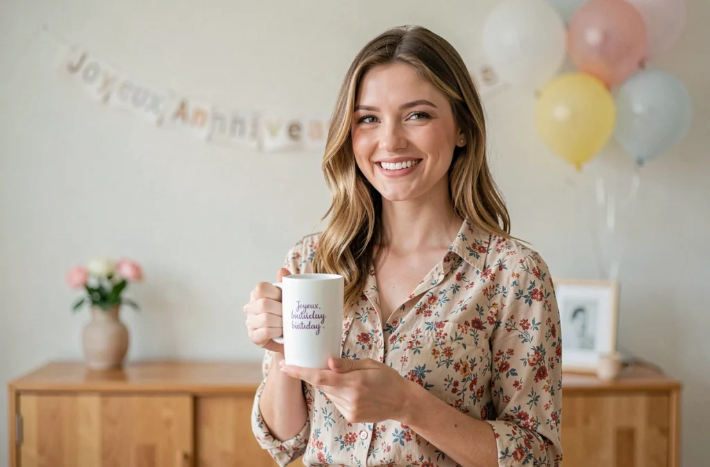 Femme tenant un gobelet personnalisé pour un petit anniversaire à domicile avec décoration festive