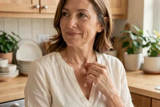 Femme touchant tendrement un pendentif en or posé sur sa clavicule dans une cuisine chaleureuse