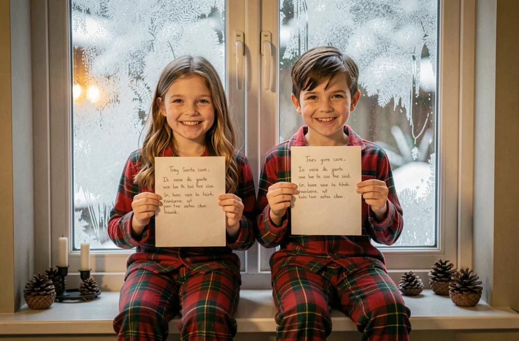 Deux enfants frère et sœur en pyjama à carreaux assis sur un banc de fenêtre tenant fièrement leurs lettres manuscrites au Père Noël devant une vitre givrée en hiver