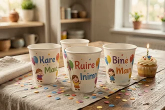 Gobelets personnalisés avec prénoms et ballons colorés sur une table d'anniversaire décorée de confettis