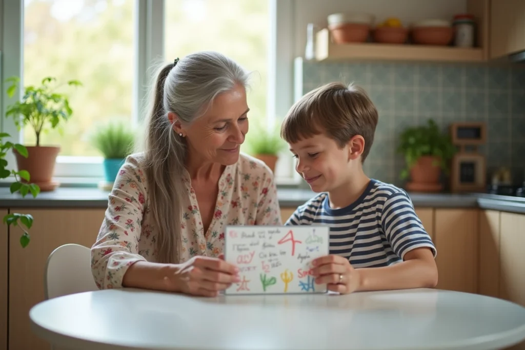 Grand-mère et petit-fils regardant ensemble un poème écrit dans une carte faite main pour la fête des grands-mères