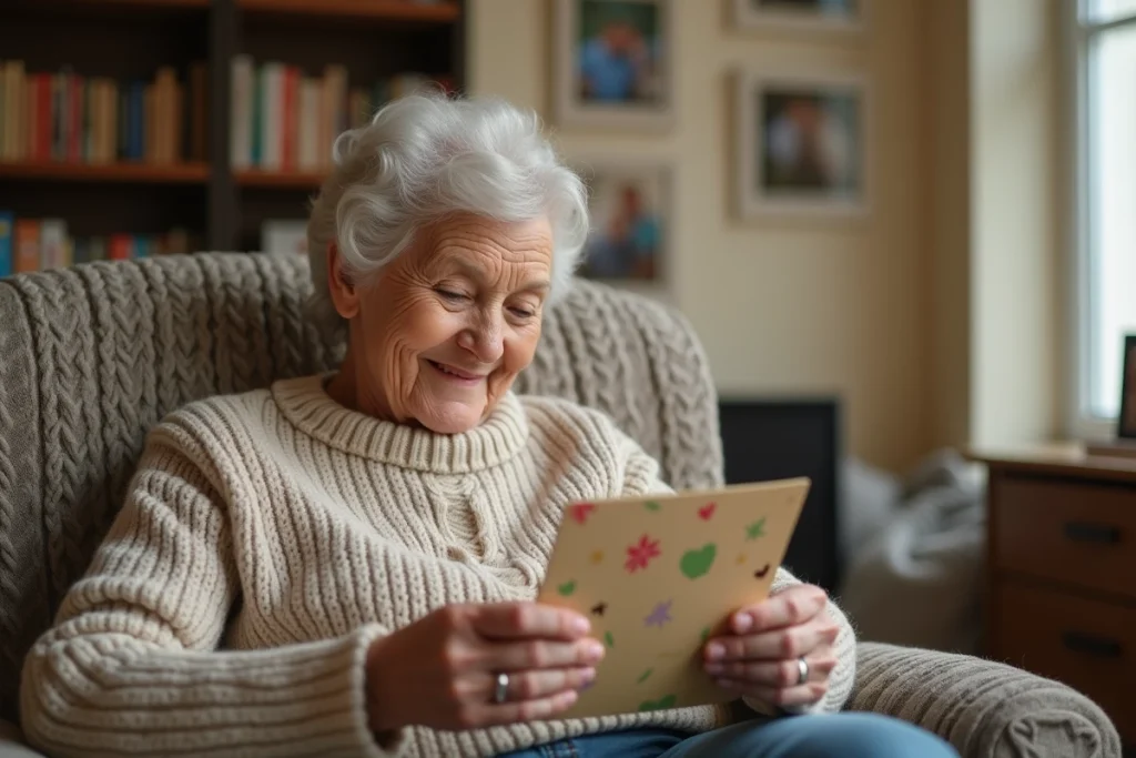 Grand-mère lisant avec émotion une carte faite main par son petit-enfant pour la fête des grands-mères