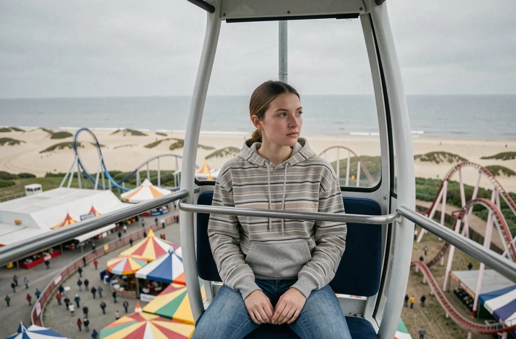 Jeune femme contemplant le panorama depuis la grande roue du Parc La Panne avec vue sur le parc et la mer