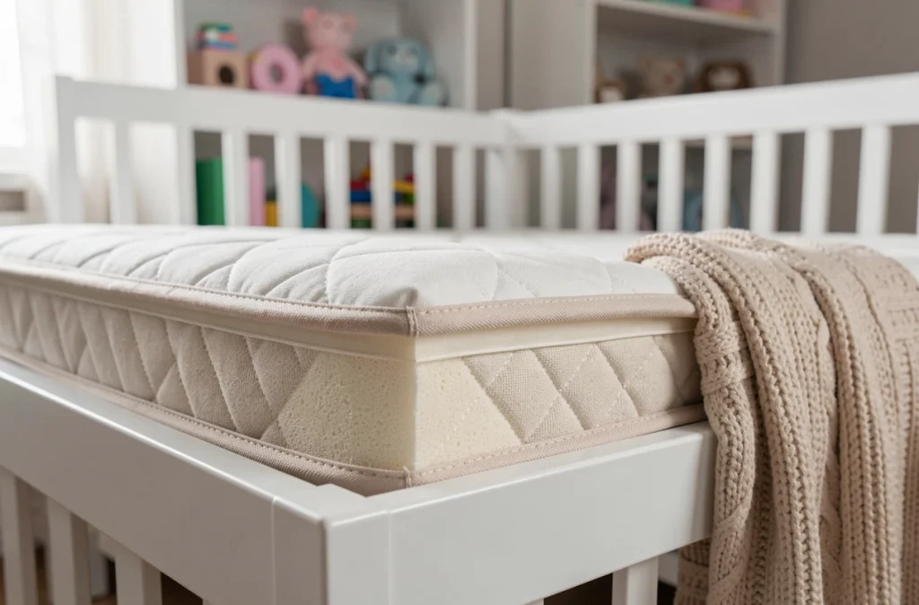 Gros plan sur la tranche d'un matelas bébé premium en coton biologique dans un lit à barreaux blanc, montrant les couches de mousse respirante