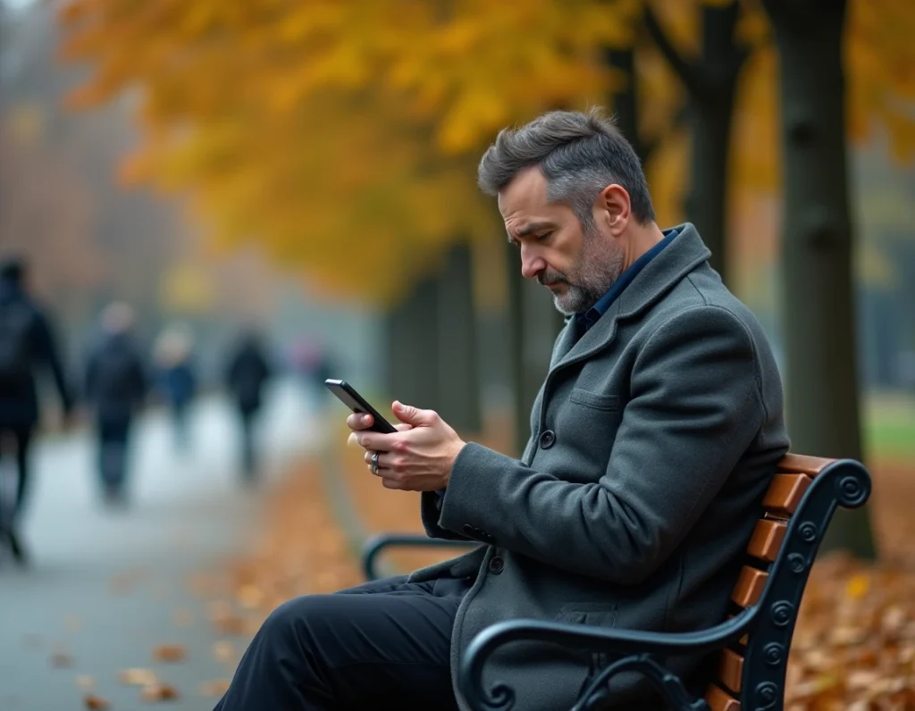 Homme assis sur un banc dans un parc en automne, alliance visible et téléphone en main, symbolisant le doute amoureux et l'infidélité