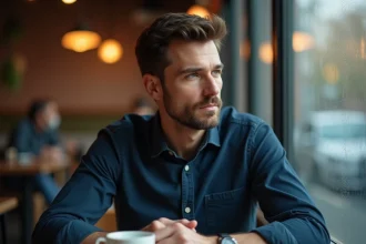Homme pensif seul dans un café, regard perdu dans ses pensées, illustrant le questionnement amoureux et le dilemme sentimental