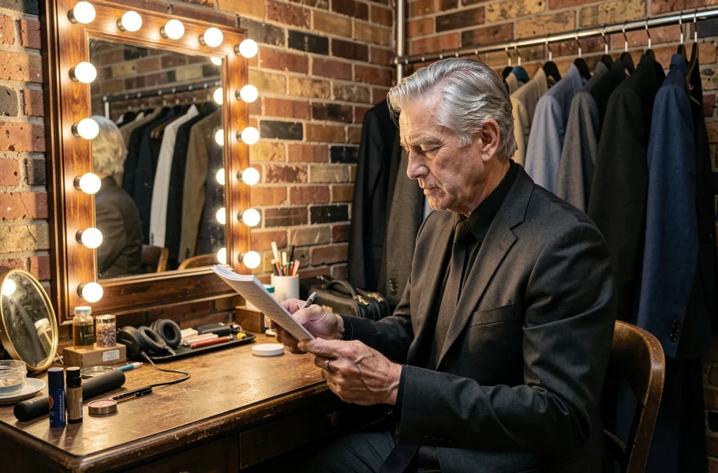Humoriste en coulisses préparant son spectacle dans une loge de théâtre avec miroir et costumes