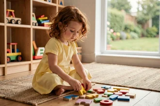 Petite fille de 4 ans jouant avec un puzzle en bois éducatif dans une salle de jeux colorée pour préparer l'école