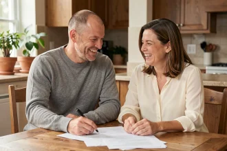 Couple marié heureux discutant de projets de famille autour d'une table en bois dans un intérieur chaleureux