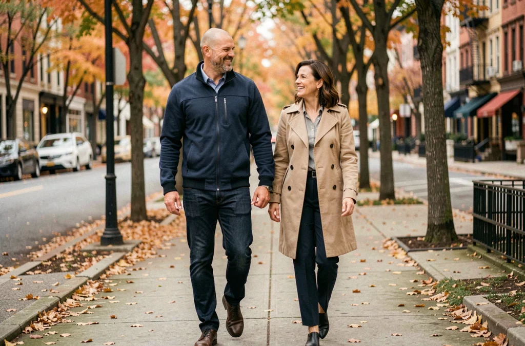 Couple marchant ensemble dans une rue arborée en automne, symbole de complicité et de projets communs