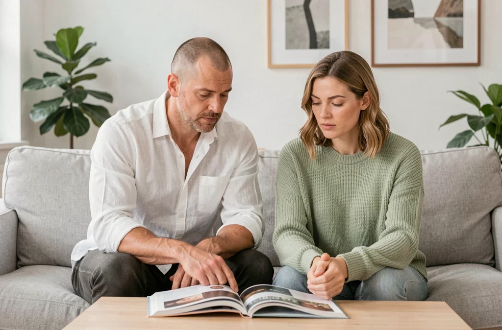Couple détendu lisant ensemble dans un salon moderne, évoquant une vie de famille sereine et organisée