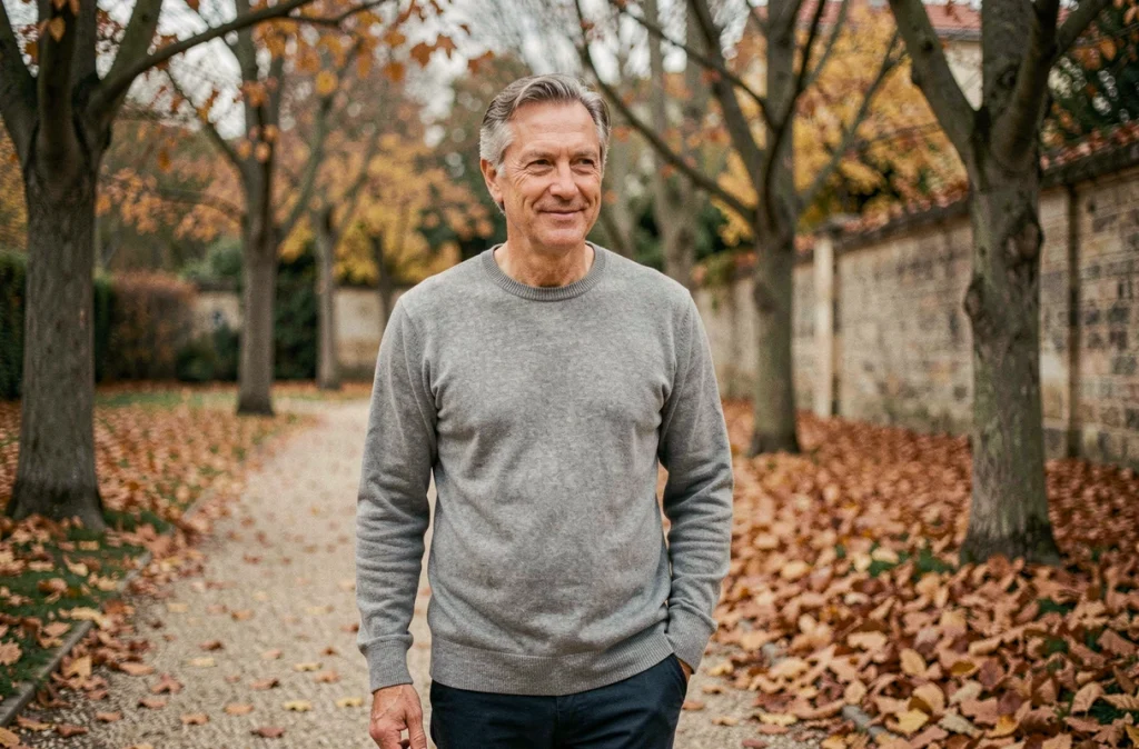 Journaliste discret se promenant seul dans un parc en automne, atmosphère intimiste et familiale