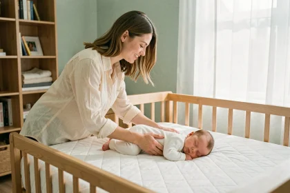 Jeune mère déposant délicatement son nouveau-né sur un matelas de bébé ferme dans une chambre de bébé minimaliste en bois clair
