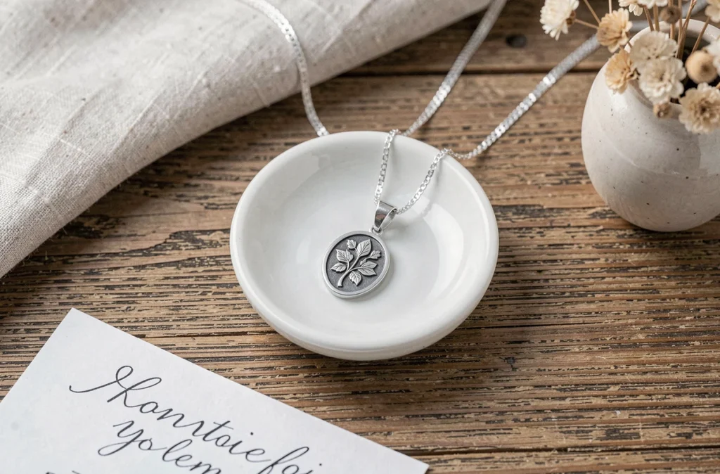 Pendentif en argent gravé posé sur une coupelle en céramique blanche avec une carte manuscrite