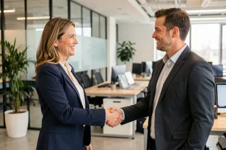 Deux collègues échangeant une poignée de main professionnelle lors de la rentrée 2026 dans un bureau moderne