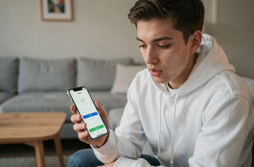 Jeune adulte sur son canapé essayant de récupérer l'accès à son compte via son smartphone