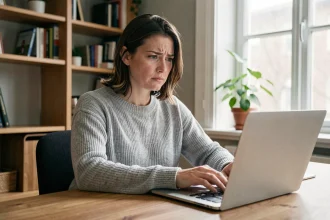 Femme frustrée tentant de récupérer son mot de passe sur un ordinateur portable à la maison