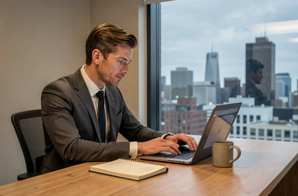 Homme en costume rédigeant des formules de politesse professionnelles par email lors de la rentrée 2026